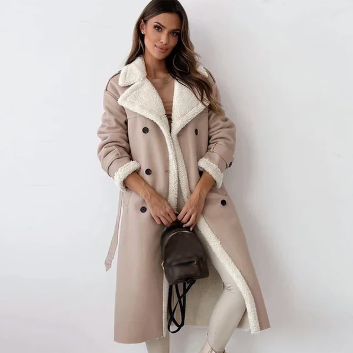 Gabrielle | Manteau long d’hiver femme à double boutonnage avec ceinture et doublure polaire