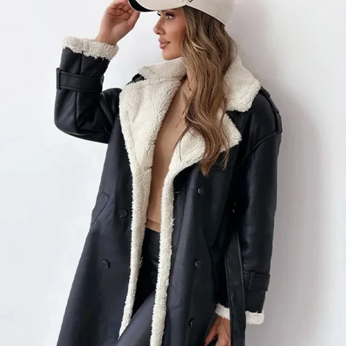 Gabrielle | Manteau long d’hiver femme à double boutonnage avec ceinture et doublure polaire