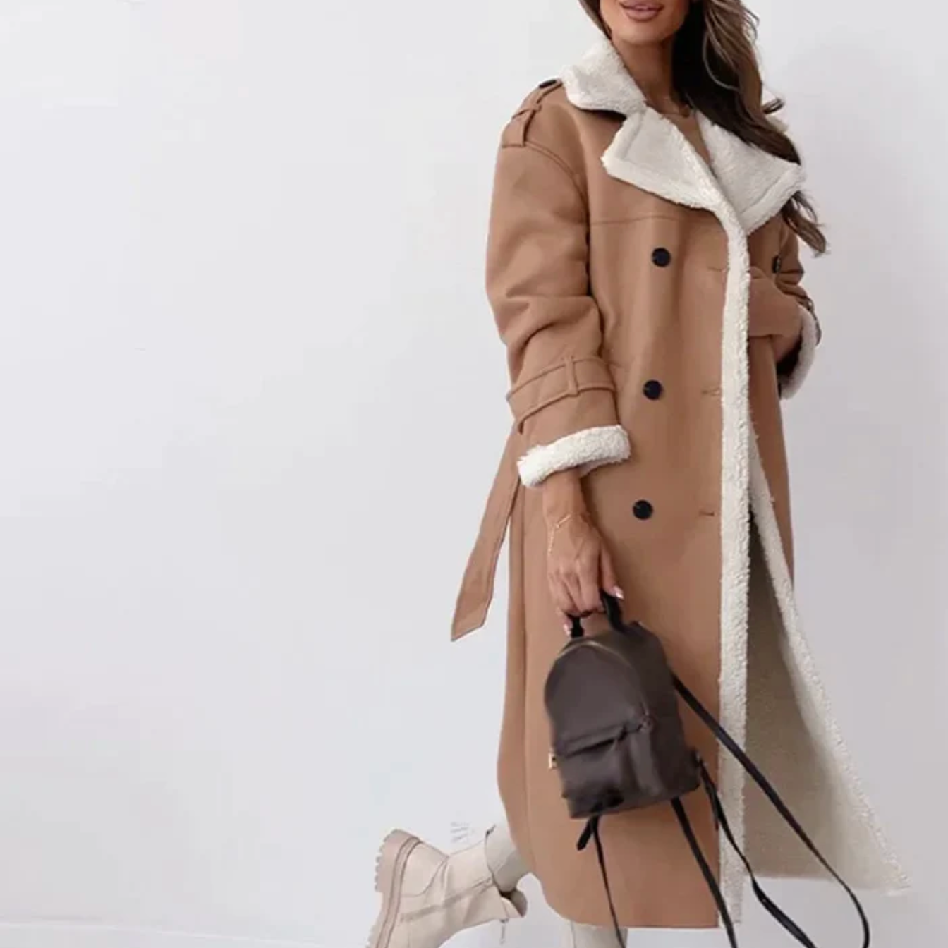 Gabrielle | Manteau long d’hiver femme à double boutonnage avec ceinture et doublure polaire