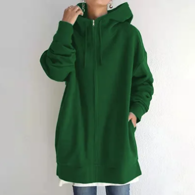 Olivia | Veste Longue Femme à Capuche Zippée Couleur Unie Oversize