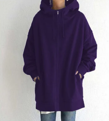 Olivia | Veste Longue Femme à Capuche Zippée Couleur Unie Oversize