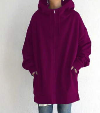 Olivia | Veste Longue Femme à Capuche Zippée Couleur Unie Oversize
