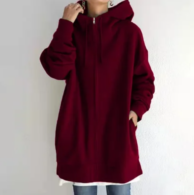 Olivia | Veste Longue Femme à Capuche Zippée Couleur Unie Oversize
