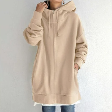 Olivia | Veste Longue Femme à Capuche Zippée Couleur Unie Oversize