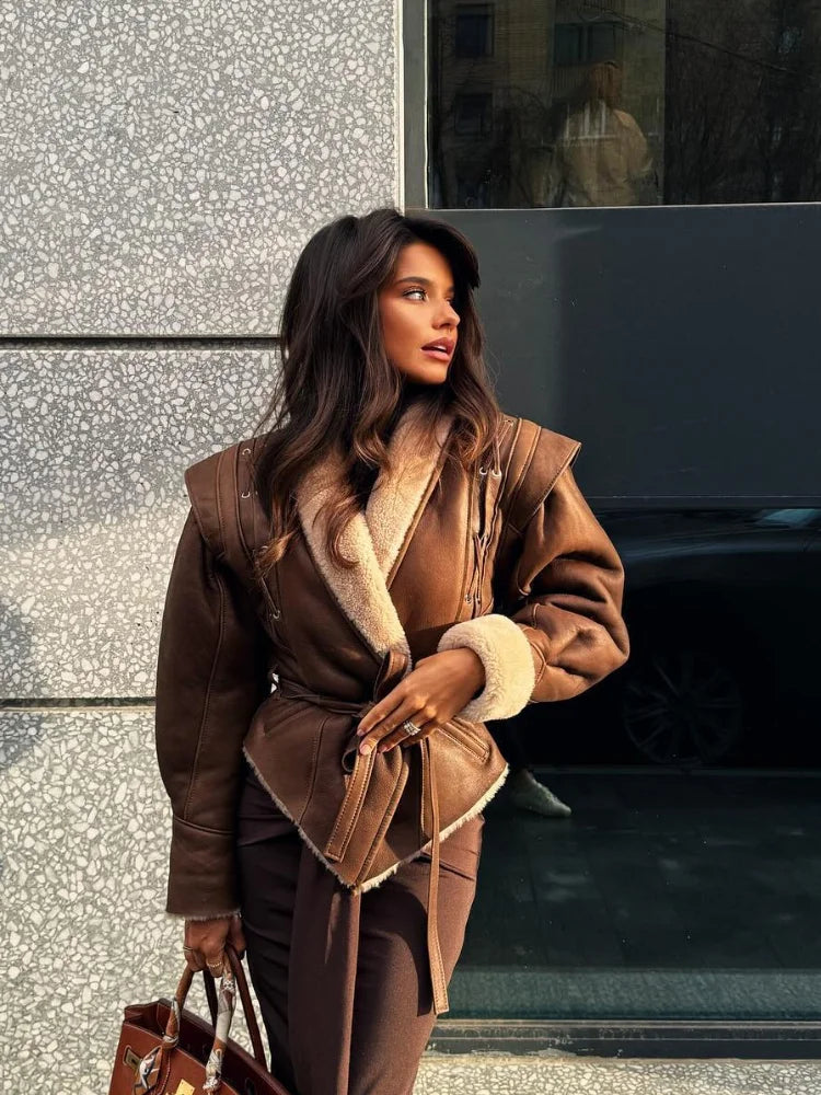 Veste en Simili-Cuir pour Femme | Doublure en Fourrure Douce | Ceinture Ajustable