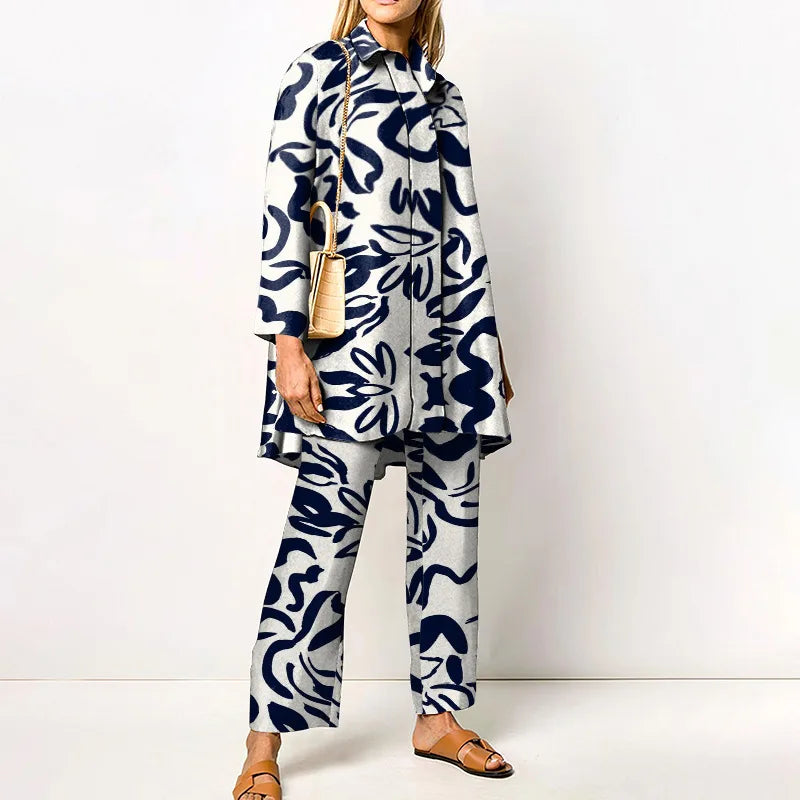 Ensemble femme deux pièces | Blouse ample et pantalon assorti à imprimé vintage