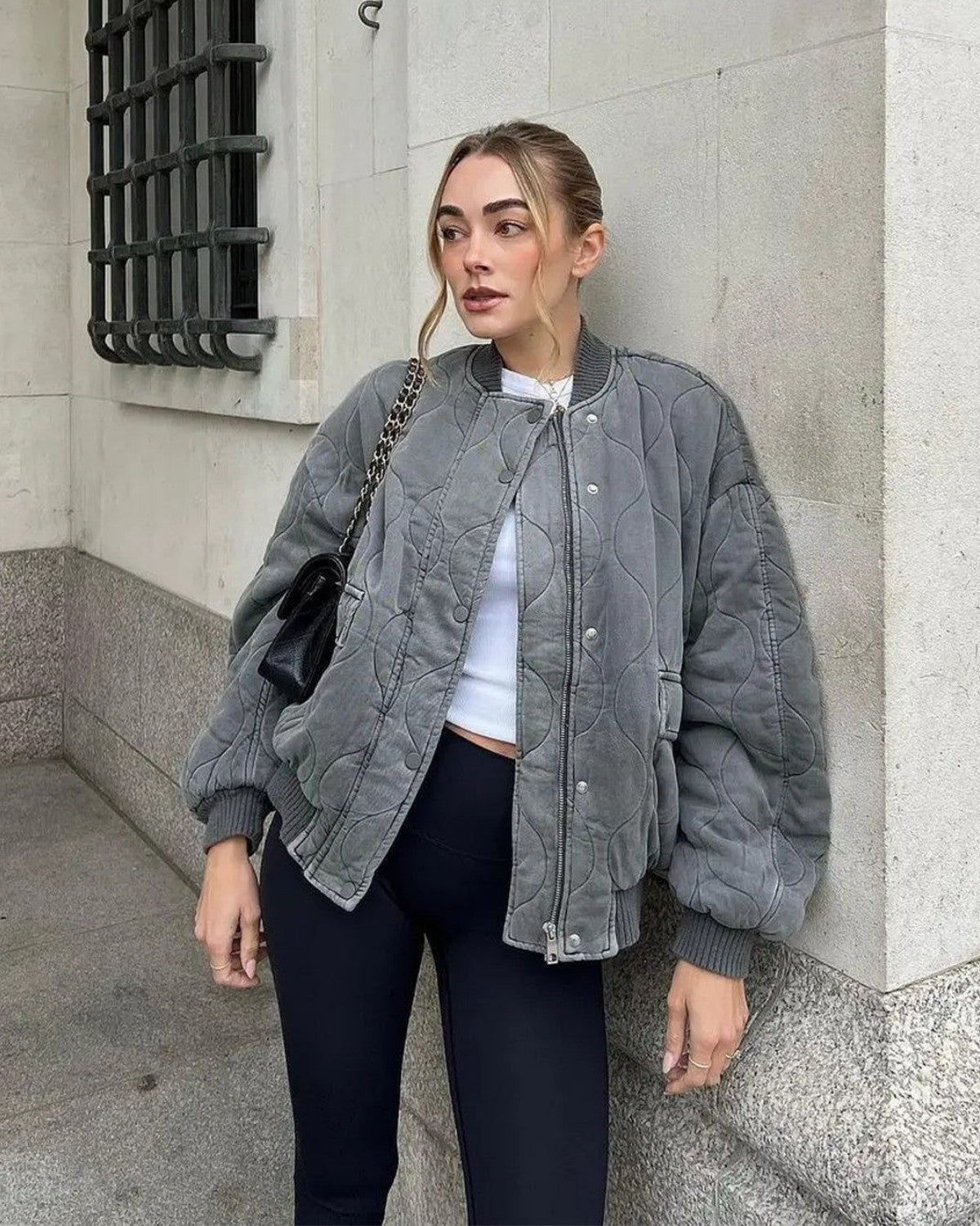Marine | Bomber Jacket - Veste Oversized Femme Gris avec Doublure Légère