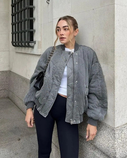 Marine | Bomber Jacket - Veste Oversized Femme Gris avec Doublure Légère