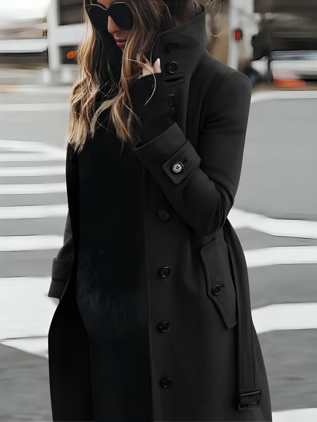 Gaetane | Manteau Long Femme en Coton avec Col Haut et Ceinture