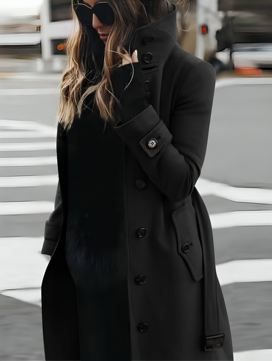 Gaetane | Manteau Long Femme en Coton avec Col Haut et Ceinture