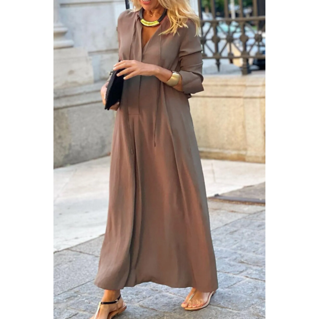 Miranda | Robe Longue Femme en Lin Uni à Col V Élégante et Confortable