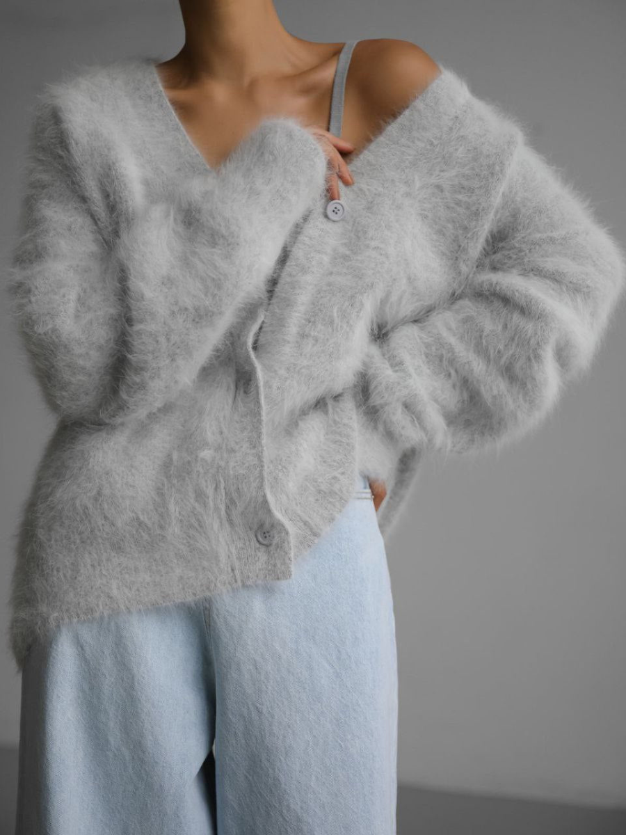 Églantine | Cardigan Femme Décontracté Col V Profond à Boutons en Couleur Unie