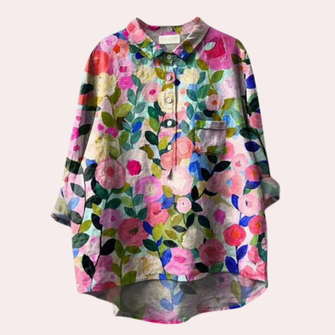 Nayara | Blouse Femme Ample à Imprimé Floral avec Col Revers et Boutons Partiels