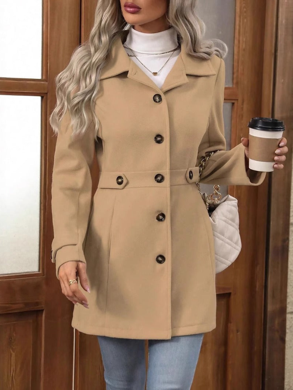 Chantaline | Manteau Femme Ajusté Élégant avec Col à Boutons, Polyvalent et Moderne