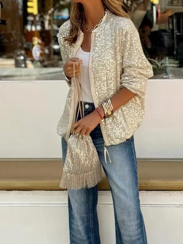 Anaïs | Veste Loungewear Femme à Paillettes avec Fermeture Éclair et Col Rond