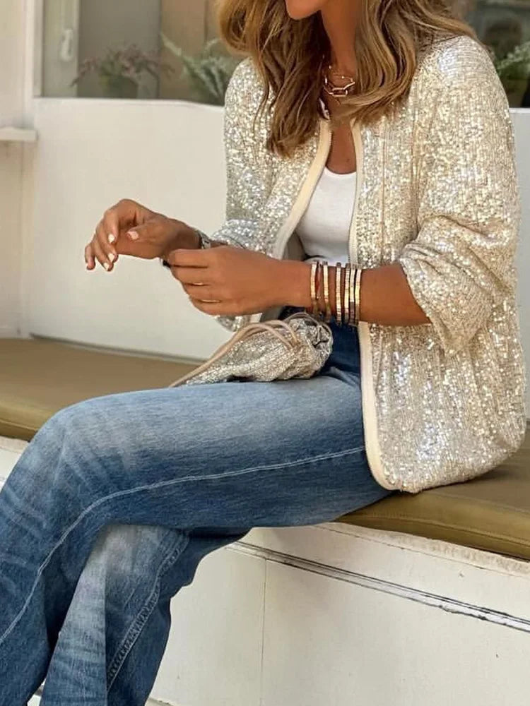 Anaïs | Veste Loungewear Femme à Paillettes avec Fermeture Éclair et Col Rond