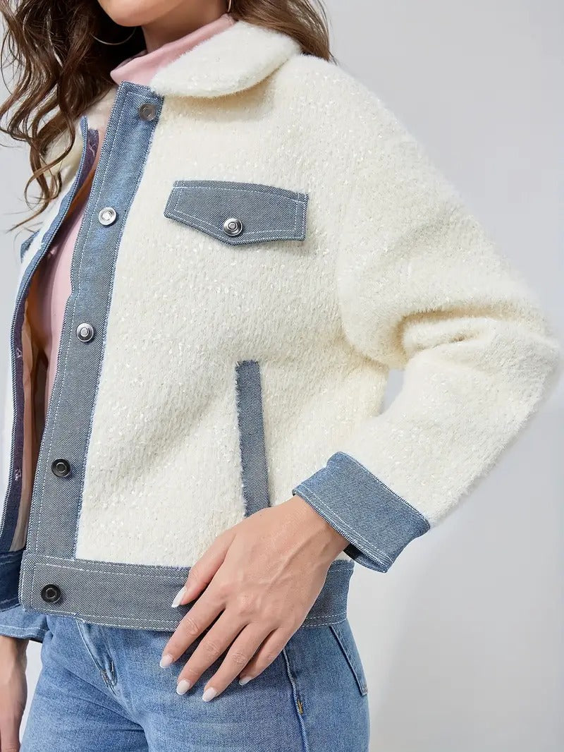 Veste Femme Teddy Douce avec Détails Patchwork en Jean | Style Moderne & Confort Absolu