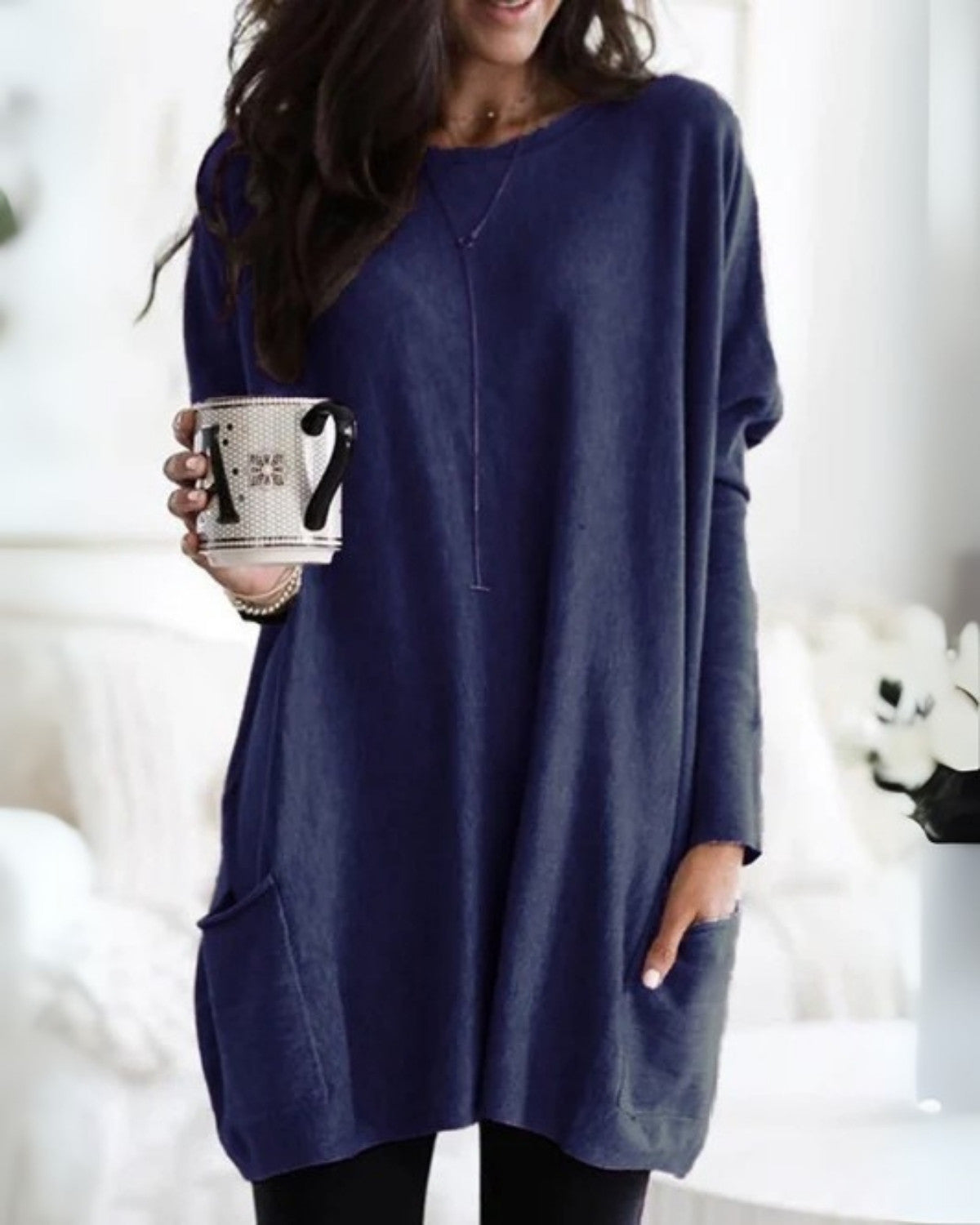 Sandrine | Pull Femme Long Loose Fit avec Poches et Col Rond