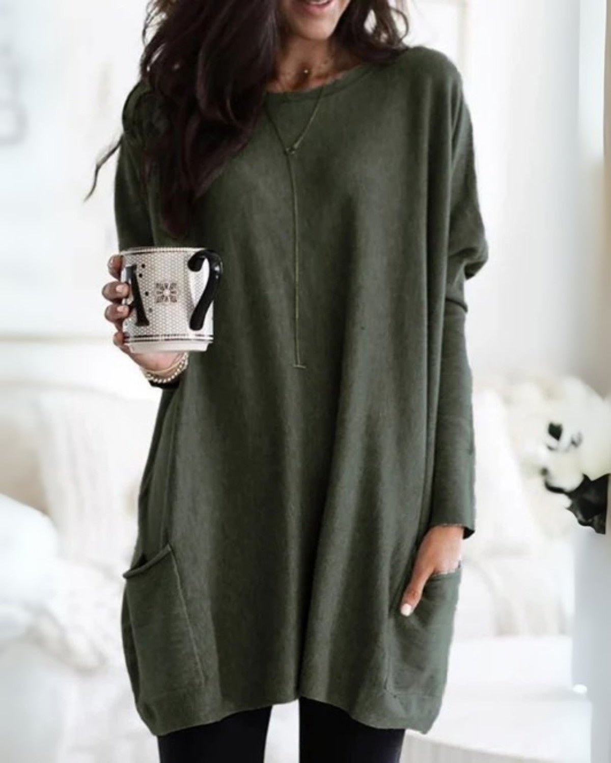 Sandrine | Pull Femme Long Loose Fit avec Poches et Col Rond
