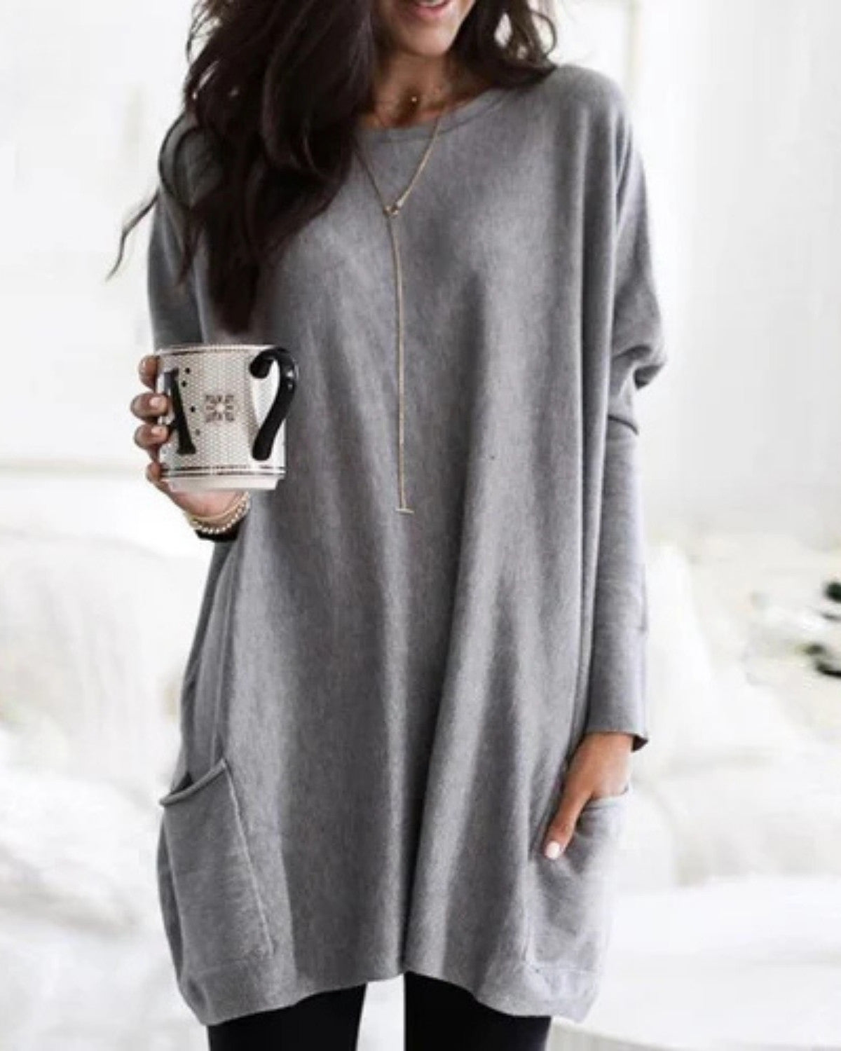Sandrine | Pull Femme Long Loose Fit avec Poches et Col Rond
