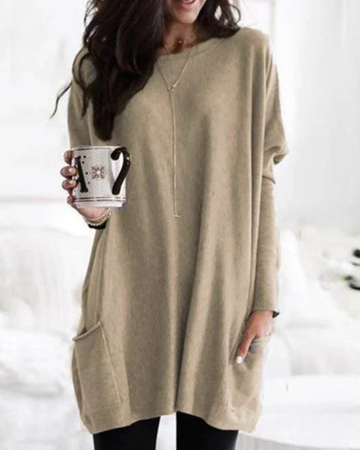 Sandrine | Pull Femme Long Loose Fit avec Poches et Col Rond