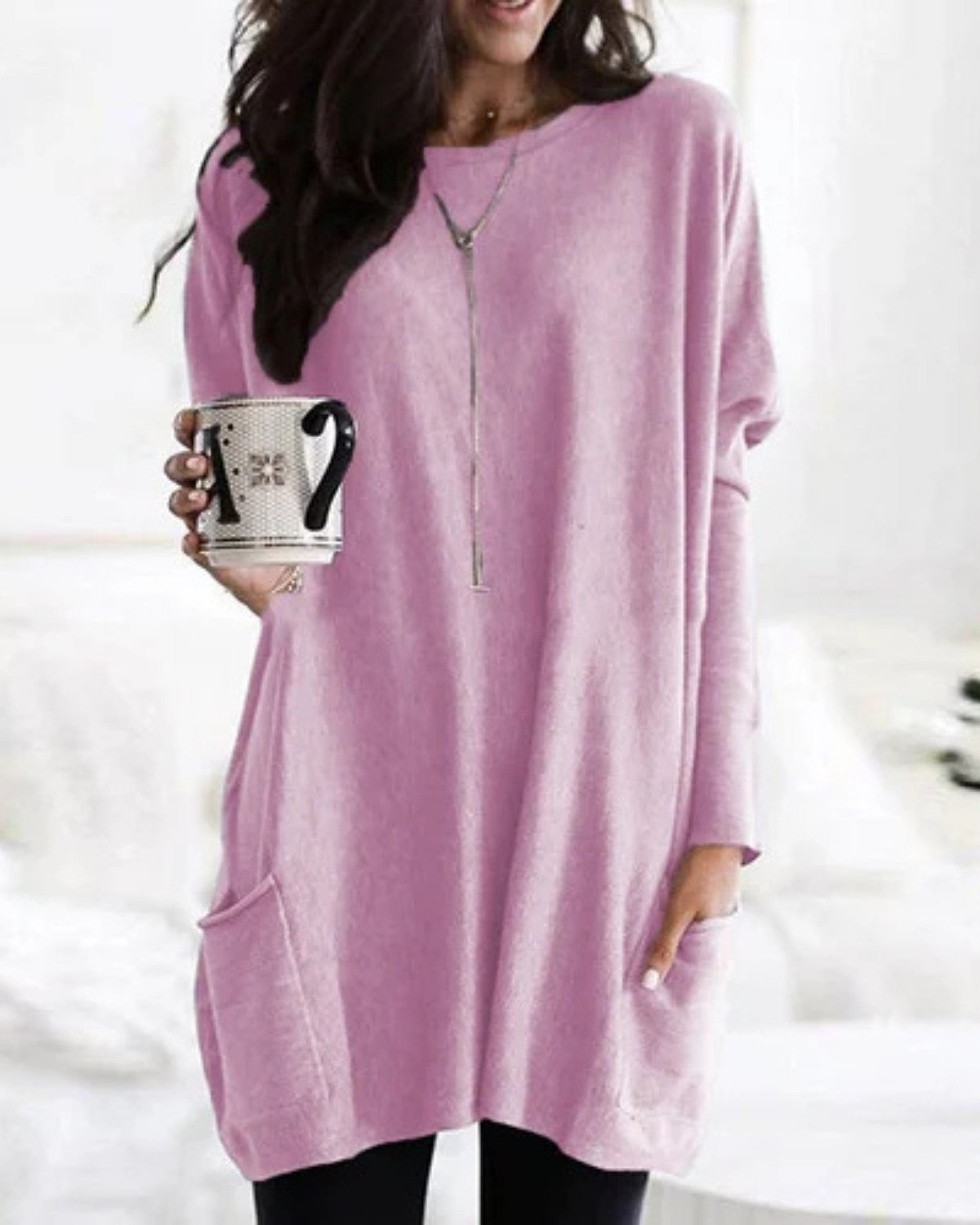 Sandrine | Pull Femme Long Loose Fit avec Poches et Col Rond