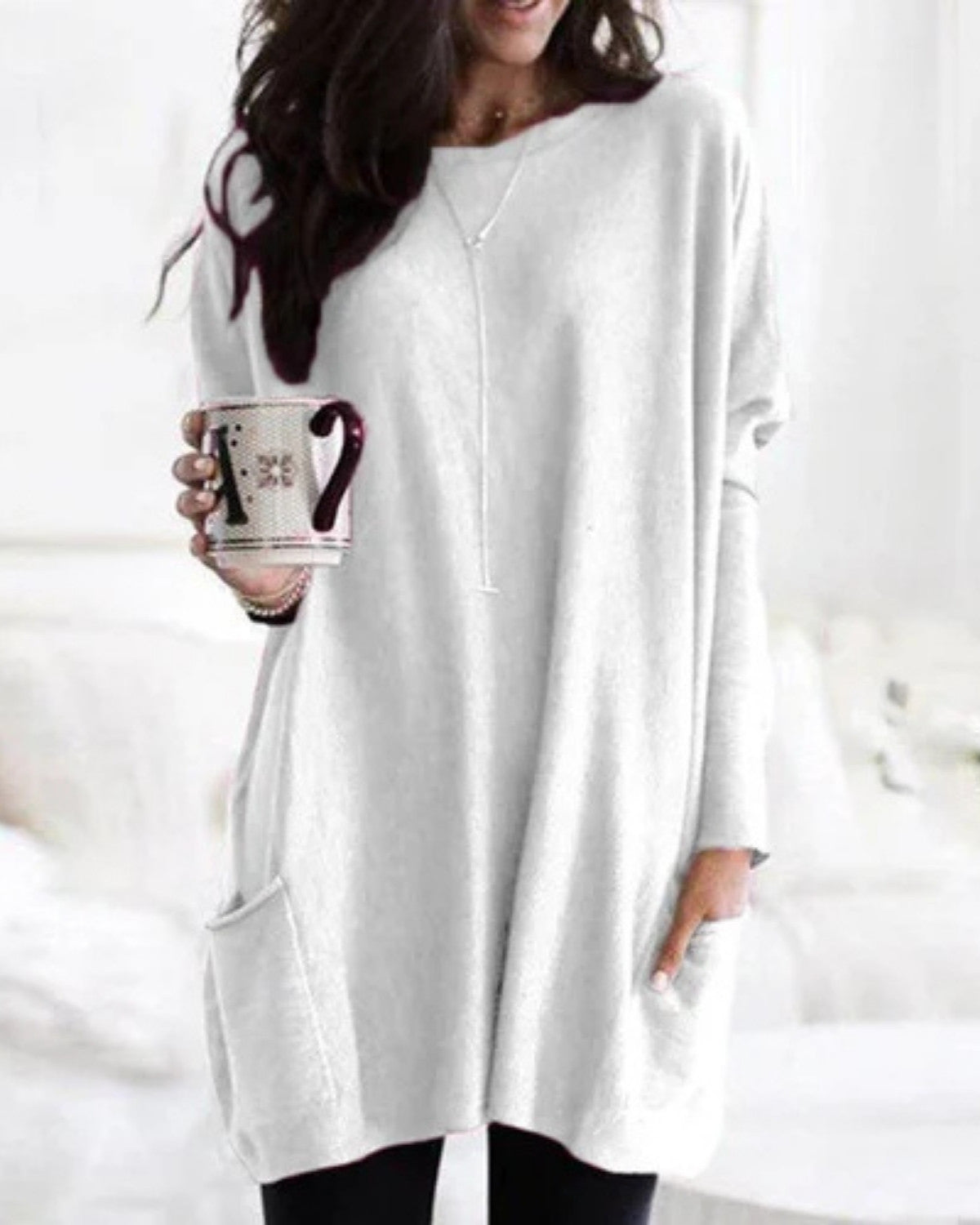 Sandrine | Pull Femme Long Loose Fit avec Poches et Col Rond