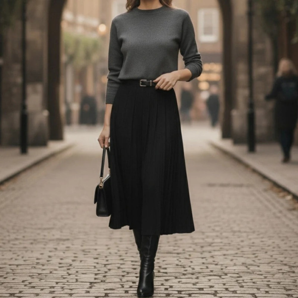 Jupe Midi Plissée en Ligne A – Silhouette Élégante et Structurée