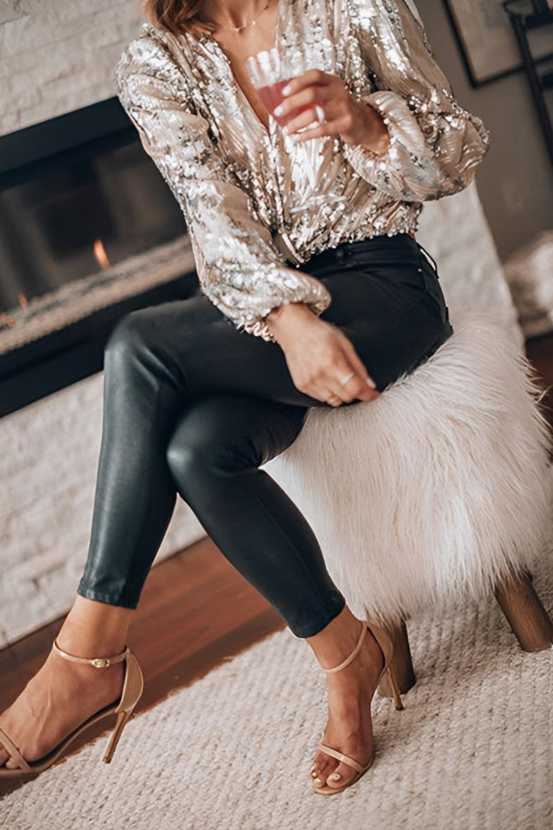 Clémentine | Blouse Femme Pailletée à Manches Longues Col V Élegante
