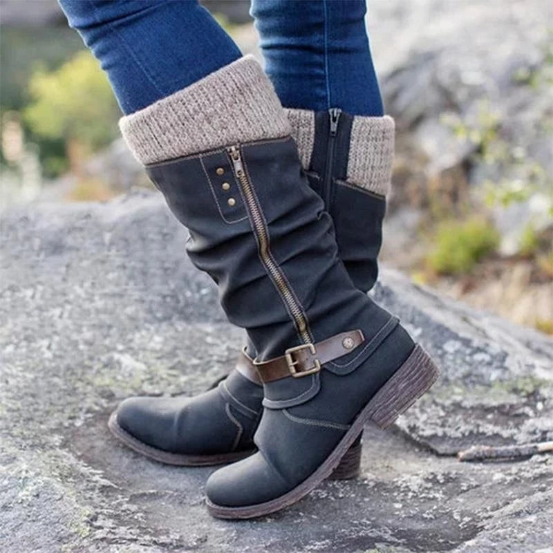 Virginie | Bottes Hautes Femme Hiver à Talon Bloc avec Fermeture Éclair Côté