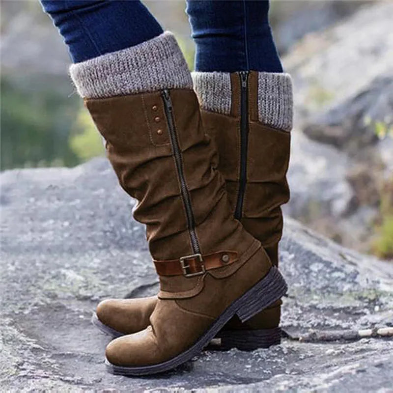 Virginie | Bottes Hautes Femme Hiver à Talon Bloc avec Fermeture Éclair Côté