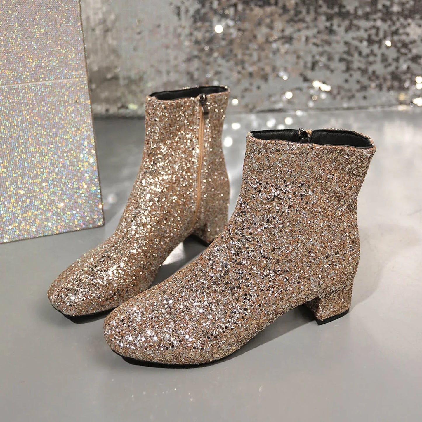 Arlette | Bottines à Talon Bloc Pailletées avec Fermeture Éclair, Élégantes et Confortables