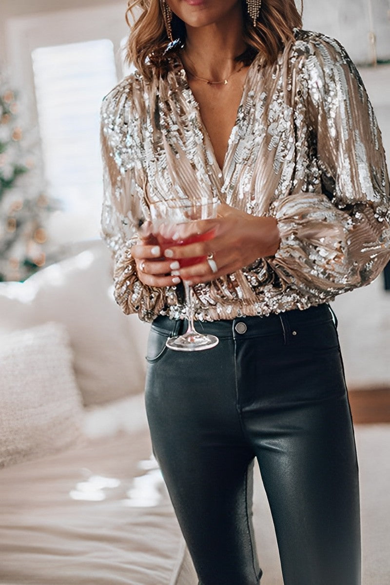 Clémentine | Blouse Femme Pailletée à Manches Longues Col V Élegante