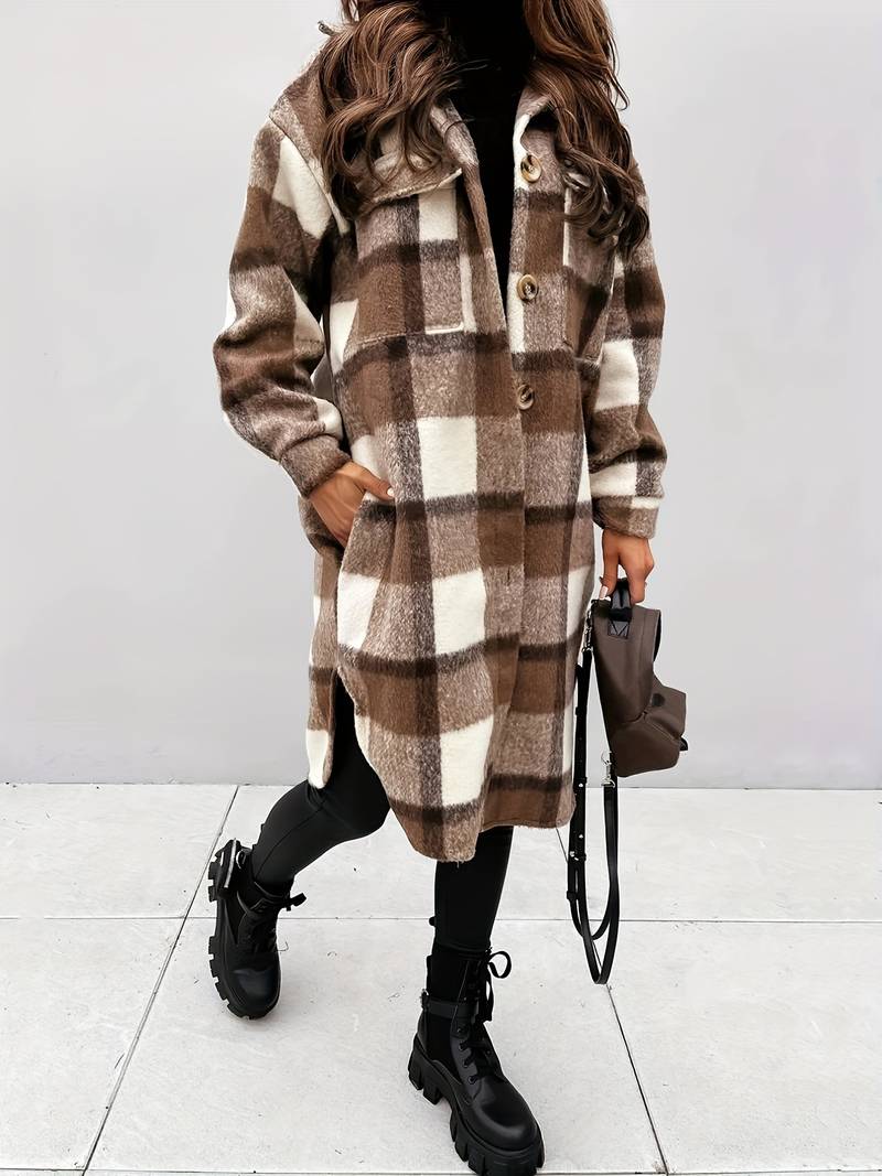 Véronique | Manteau Long Femme à Carreaux avec Boutons et Poche Poitrine