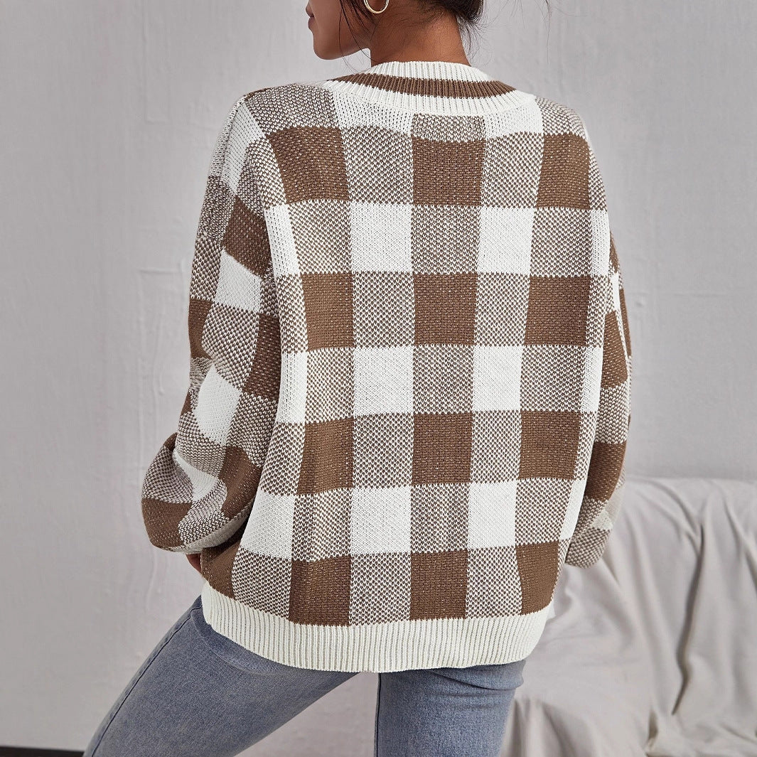 Clarisse –|Pull Femme à Carreaux Marron & Blanc, Col V, Coupe Ample