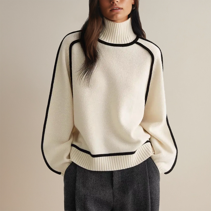 Pull Femme Col Montant | Élégant avec Détails Contrastés pour un Style Intemporel