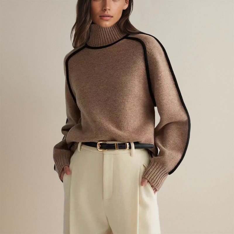 Pull Femme Col Montant | Élégant avec Détails Contrastés pour un Style Intemporel