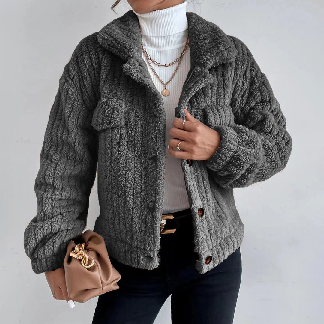 Cicely | Veste Teddy Femme Col Revers Boutonnée, Chaude et Confortable