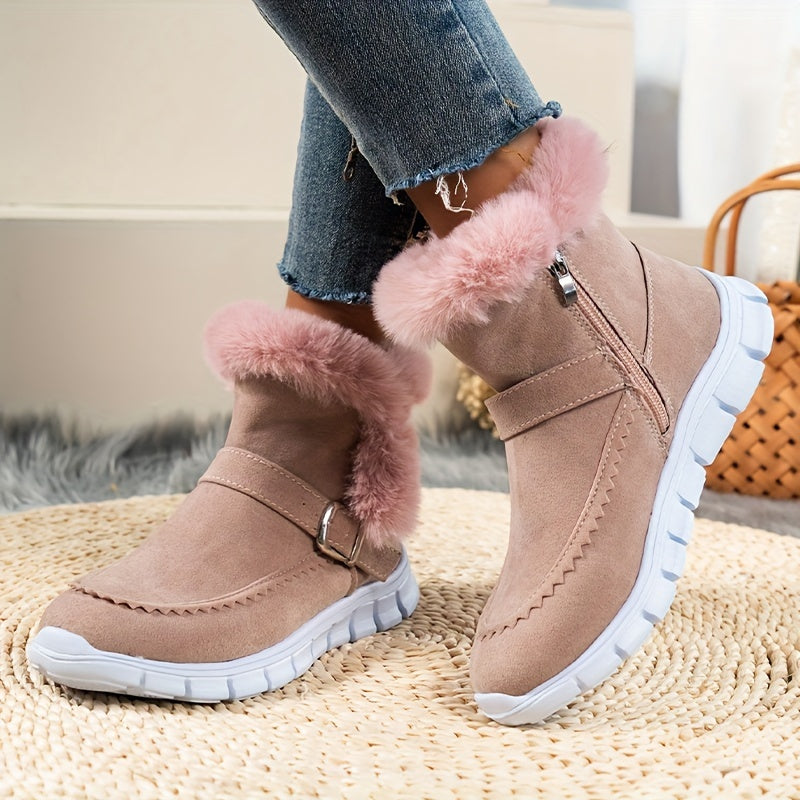Stéphanie – Bottines Femme Hiver avec Zip Latéral, Détail Sangle et Doublure Chaude en Fausse Fourrure