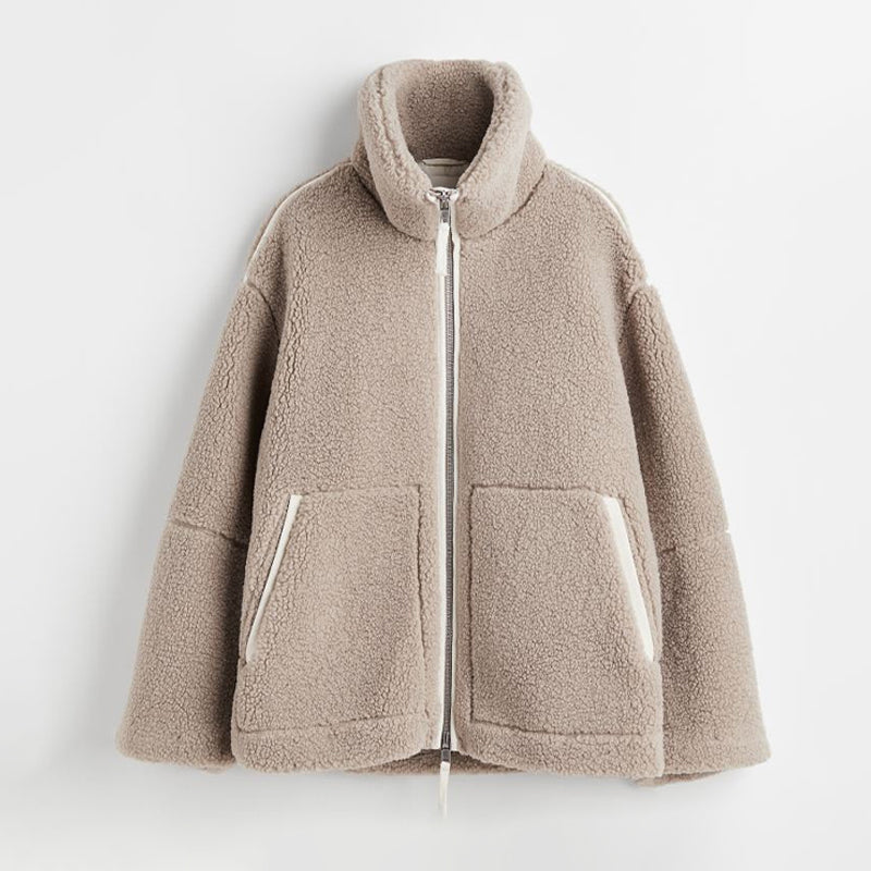 Jehanne | Veste Femme Teddy Oversize en Polaire avec Fermeture Éclair et Col Montant