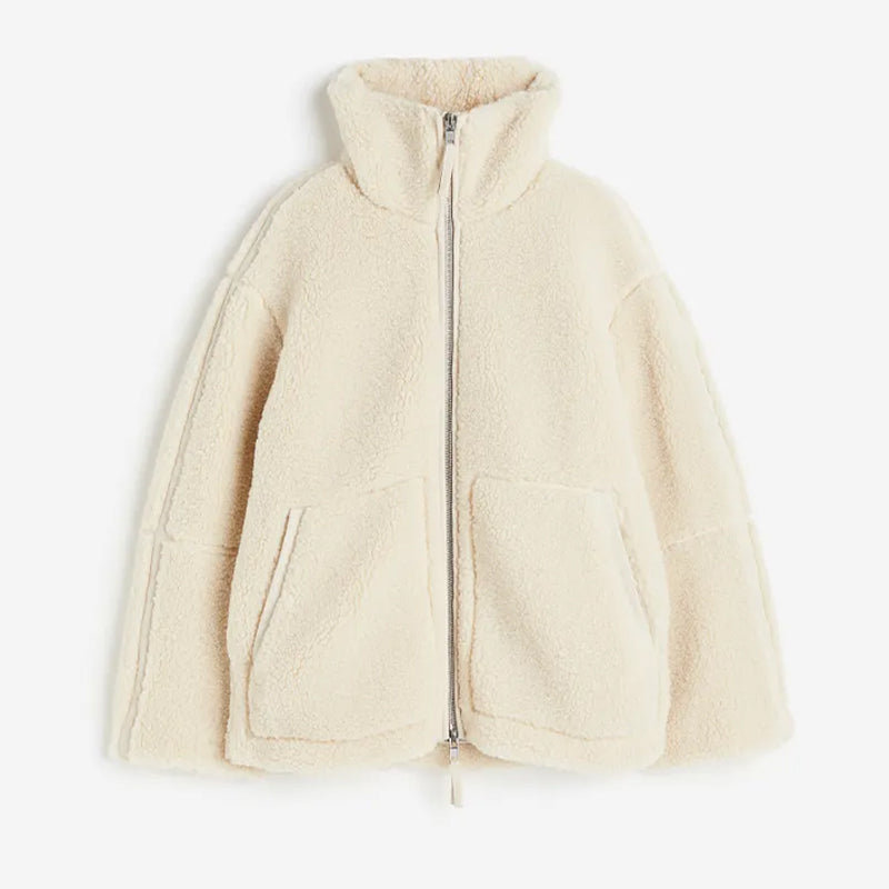 Jehanne | Veste Femme Teddy Oversize en Polaire avec Fermeture Éclair et Col Montant