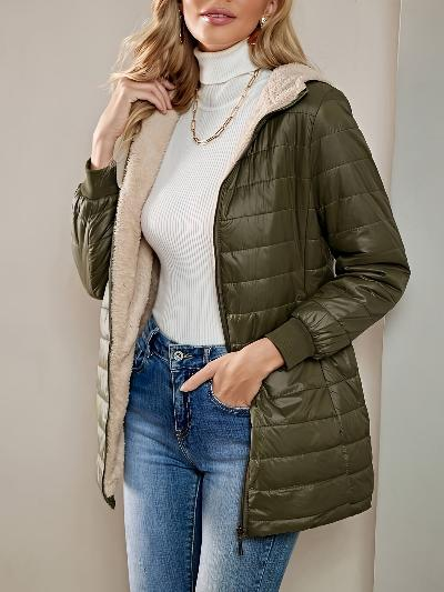 Madelisse | Manteau Long Femme Matelassé, Doublure Polaire & Bordures Côtelées, Zippé