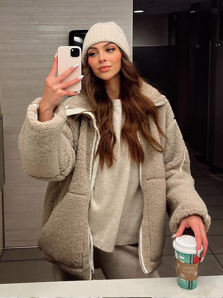 Jehanne | Veste Femme Teddy Oversize en Polaire avec Fermeture Éclair et Col Montant