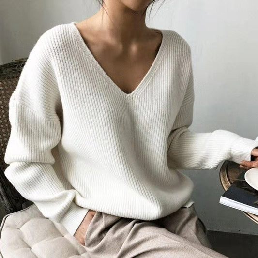 Delphina | Pull Femme Col V Côtelé Décontracté en Maille Douce