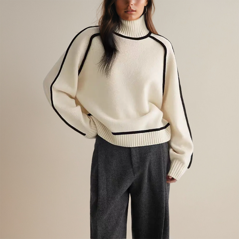 Pull Femme Col Montant | Élégant avec Détails Contrastés pour un Style Intemporel