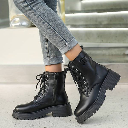 Euphrasie | Bottines Femme Style Combat à Lacets, Plateau et Fermeture Éclair Latérale