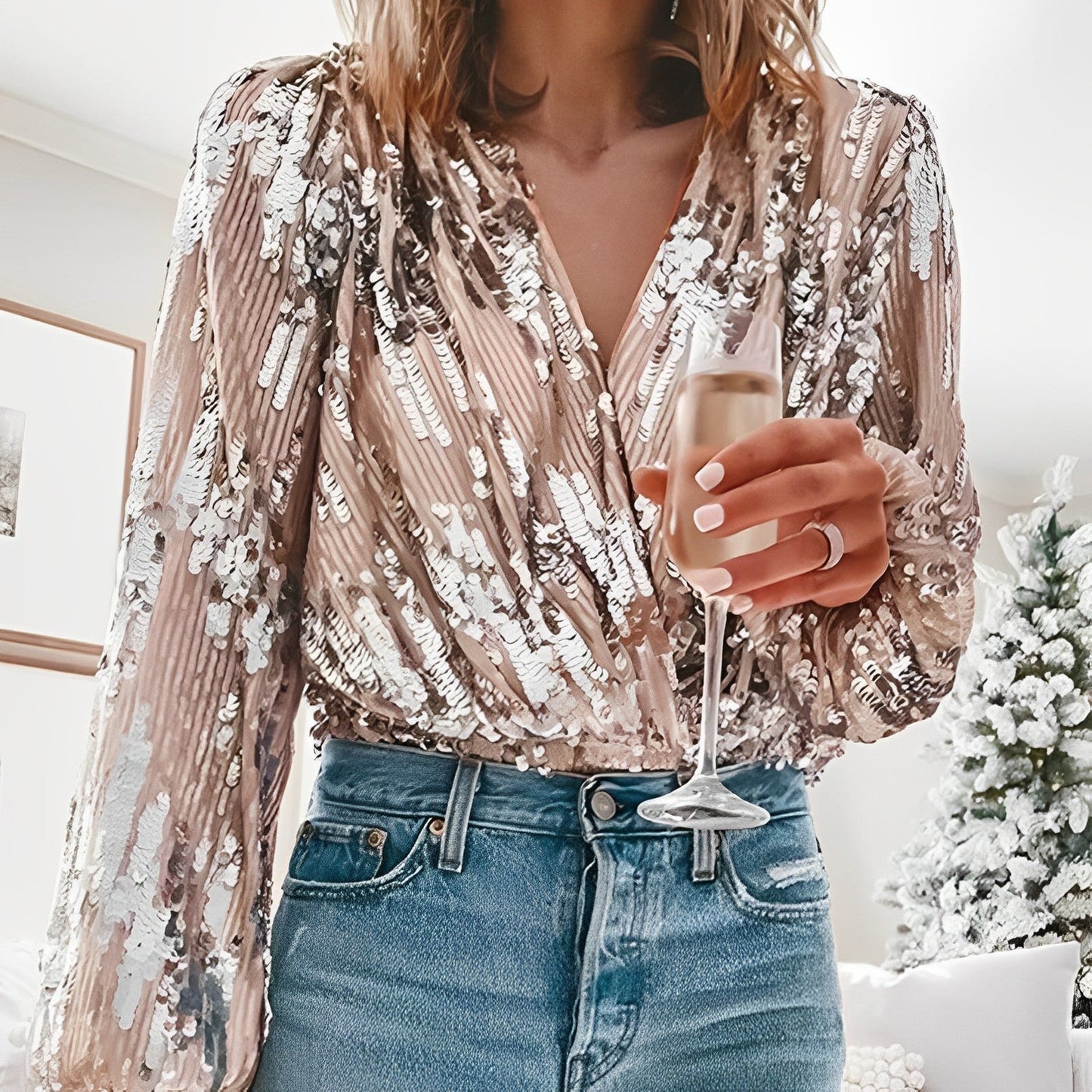 Clémentine | Blouse Femme Pailletée à Manches Longues Col V Élegante
