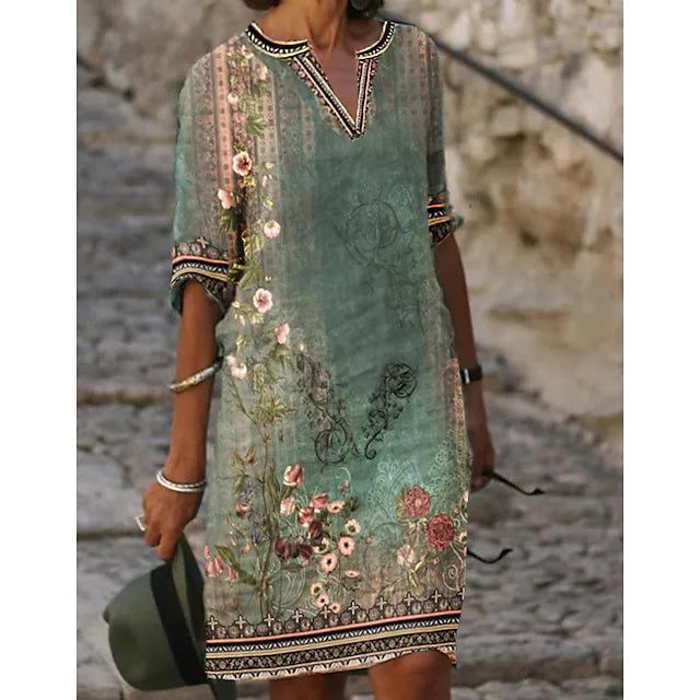Robe tunique fluide à encolure en V décorative – Artistique, légère & polyvalente