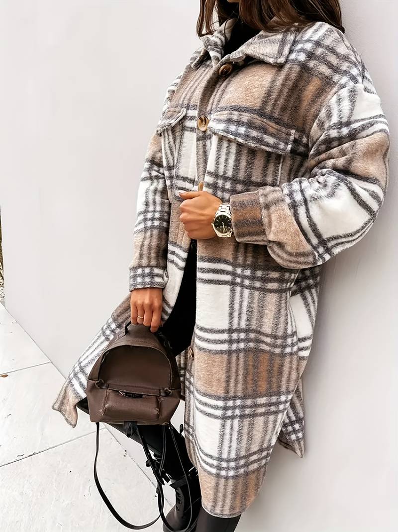 Véronique | Manteau Long Femme à Carreaux avec Boutons et Poche Poitrine