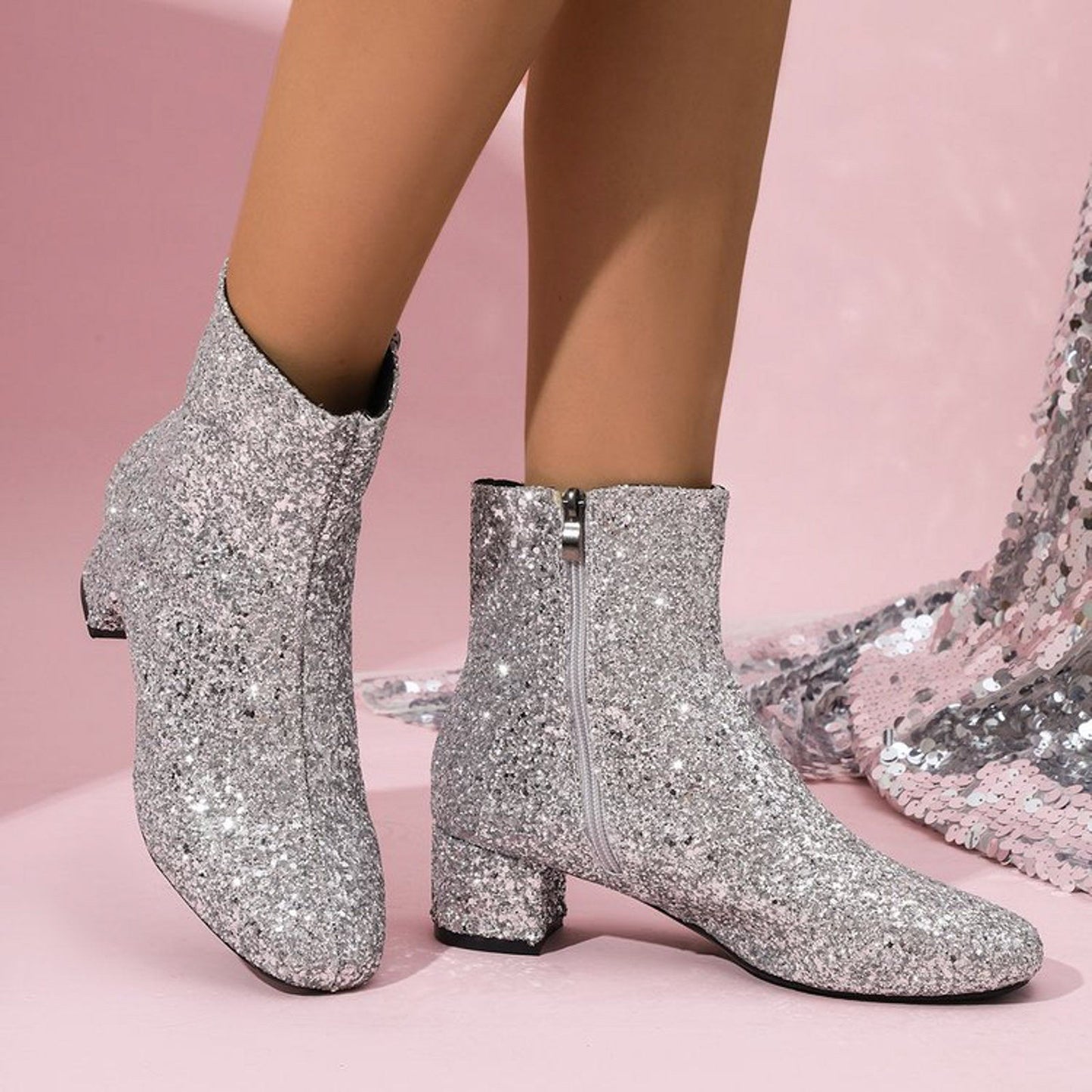 Arlette | Bottines à Talon Bloc Pailletées avec Fermeture Éclair, Élégantes et Confortables